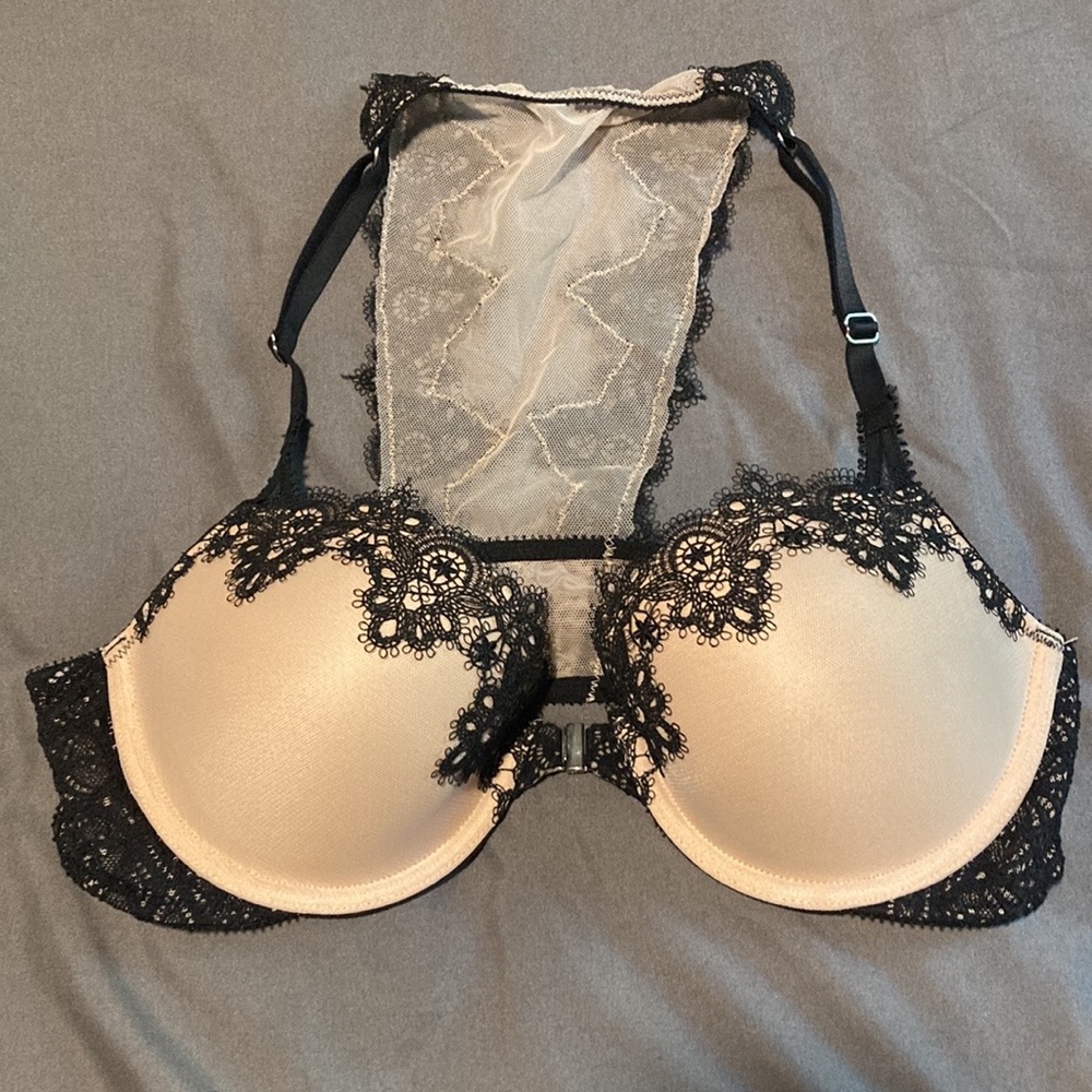 Black and nude lace back Victoria’s Secret bra with front clasp 36B